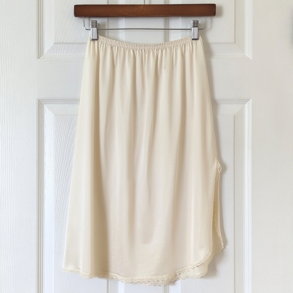 Vanity Fair 80's Vintage Silky Lace Trim High Waisted Mini Slip Skirt Cream L - Picture 1 of 10